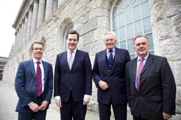 Andy Street, Chair of GBSLEP, George Osborne, Michael Heseltine and Sir Albert Bore, Leader of Birmingham City Council at the launch of the Enterprise Zone