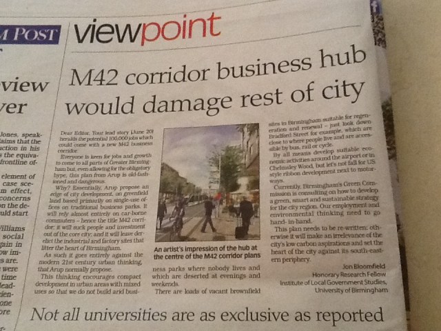 Letter from Dr Jon Bloomfield in  Birmingham Post 27th June